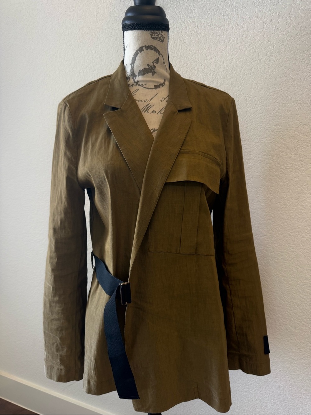 Sarah Pacini Italy Linen Blend Wrap Blazer Jacket Olive Green Belted Sz 3